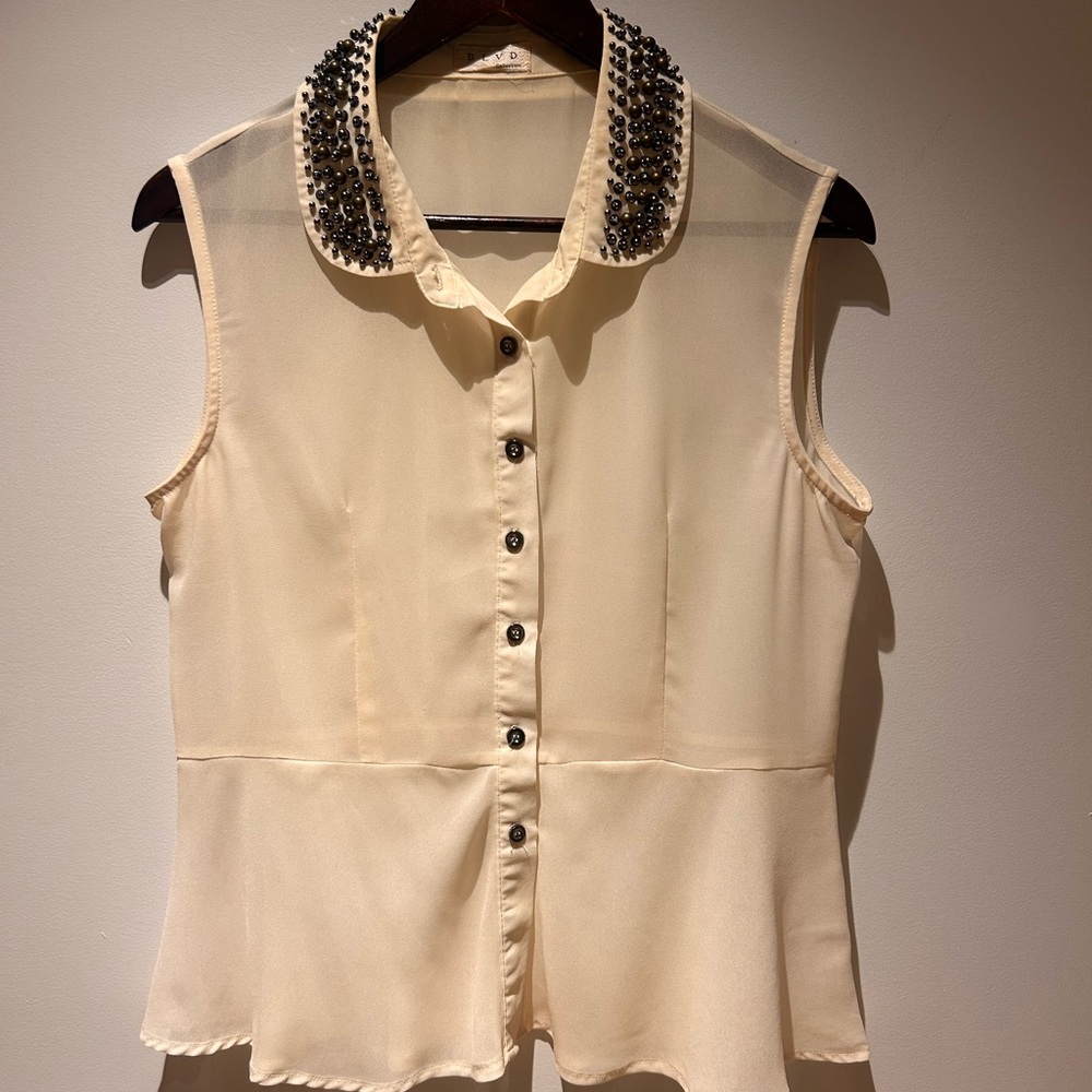 BLVD Cream Sleeveless Blouse with Embellished Collar